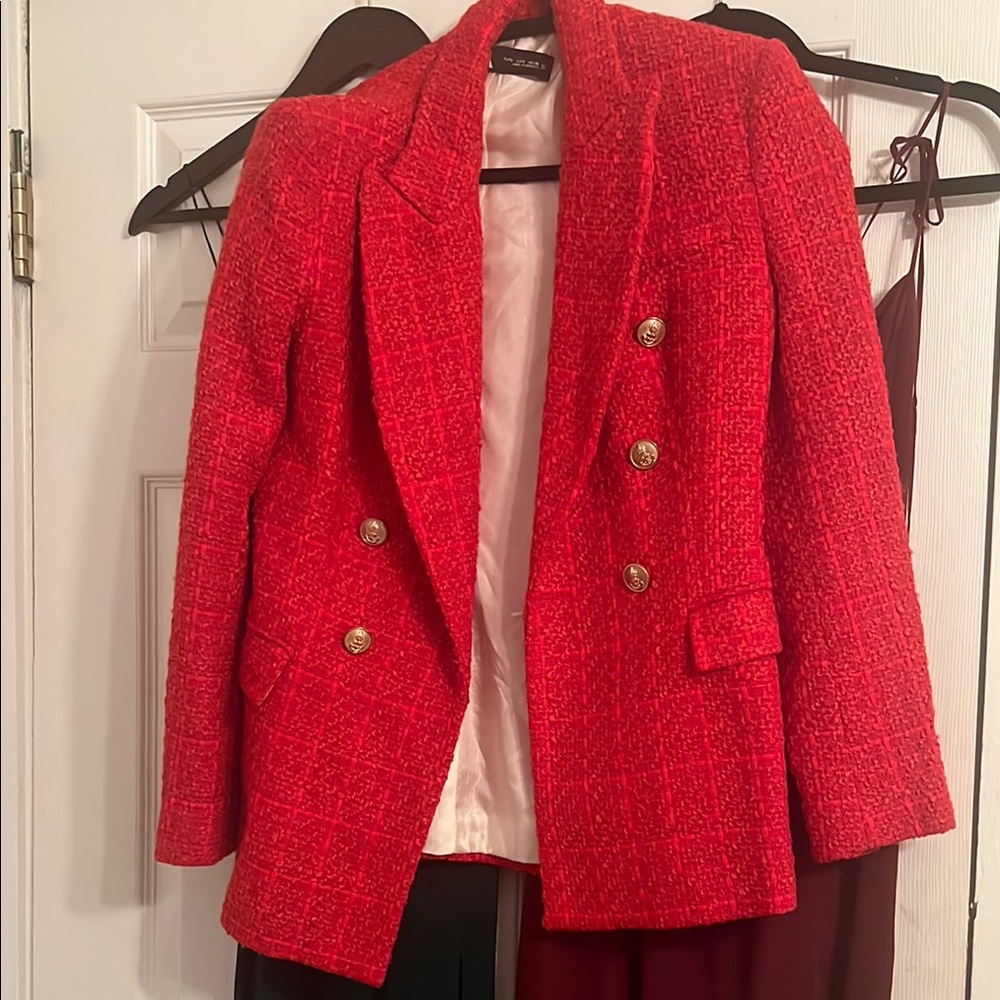 Chic Red Tweed Double-Breasted Women's Blazer
